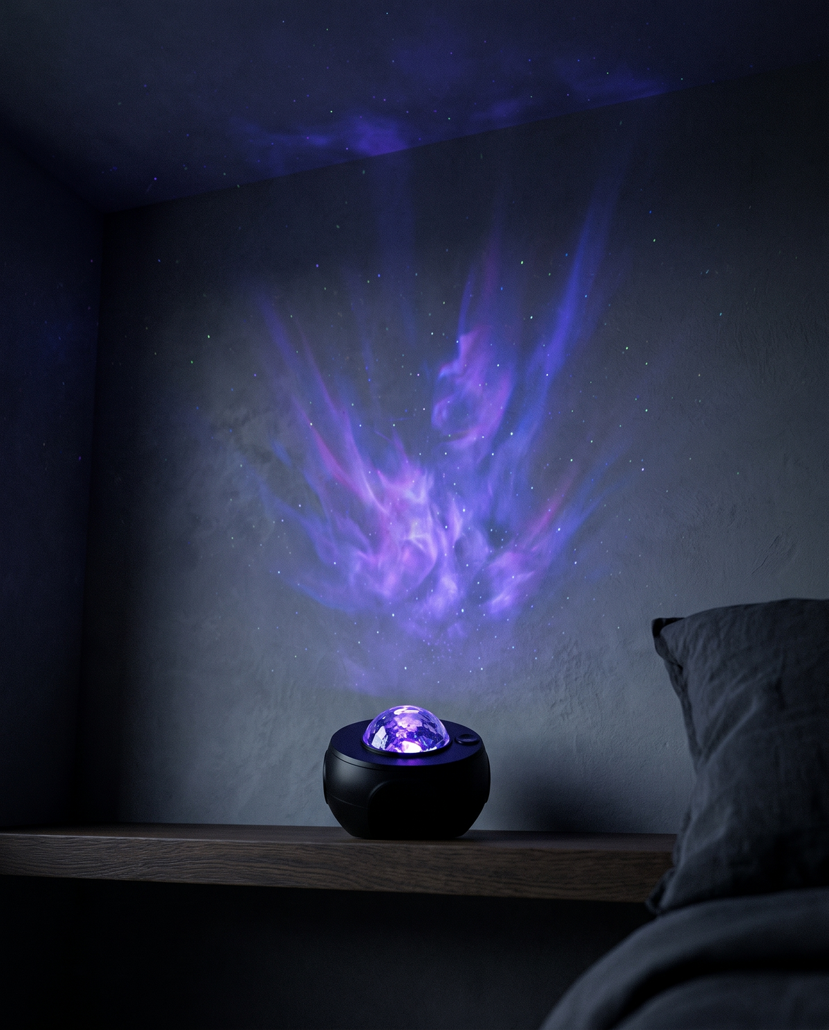 Nebula Projector casting violet nebula across a dark bedroom wall