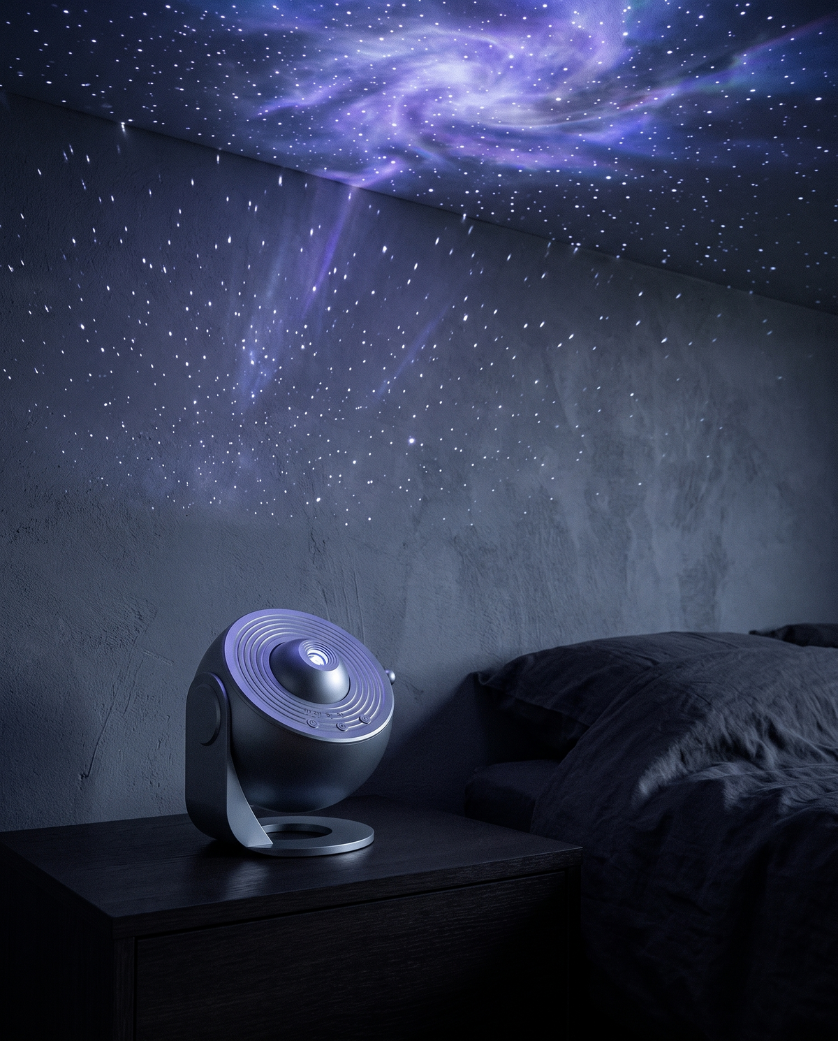 Planetarium Projector casting stars across a bedroom wall and ceiling