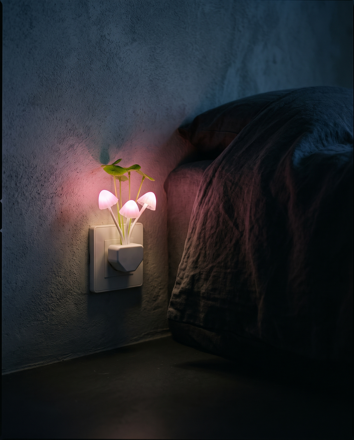 Mushroom Night Light glowing pink in a bedroom wall outlet