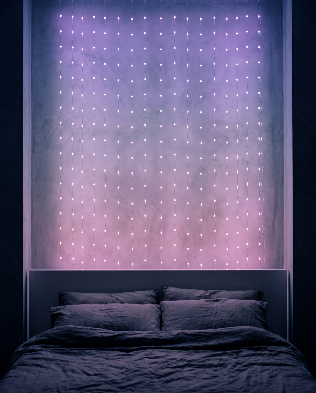 Smart Curtain Lights glowing violet behind a bed