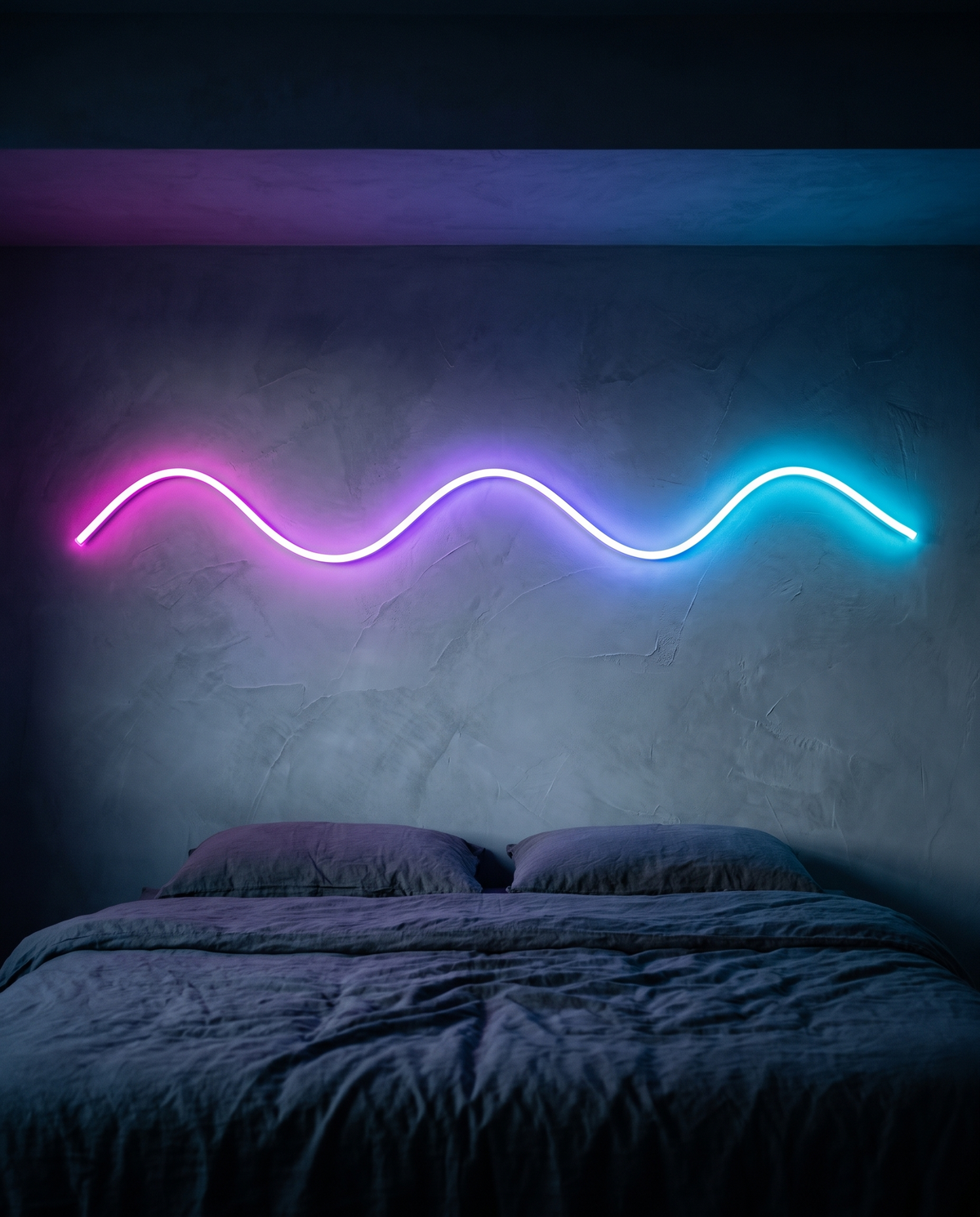 Neon Flex Strip glowing as a wave line above a bed