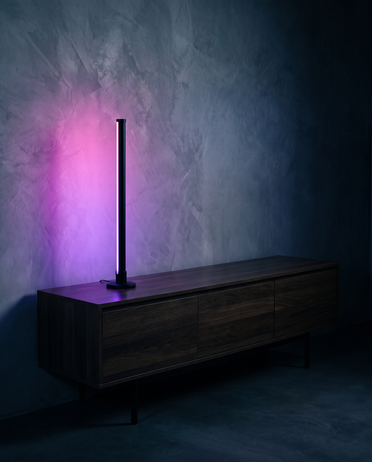 One RGB Light Bar glowing magenta on a sideboard