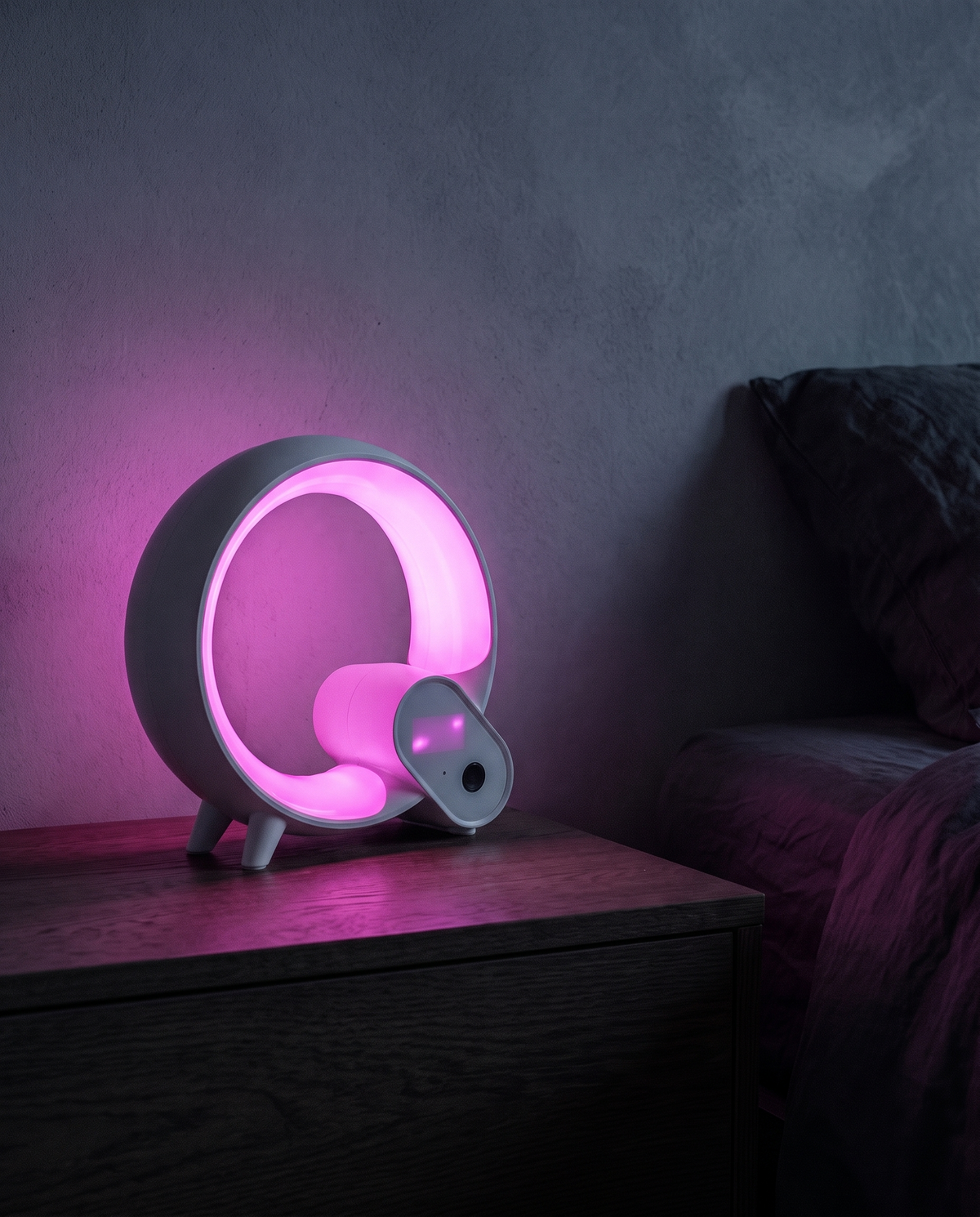 Sunrise Alarm Light in white, glowing magenta on a nightstand